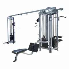 Multi-gym machine with vinyl construction. Overall dimensions: 199 in length, 154 in width, 94 in height. Suitable for strength training in commercial fitness facilities, rehabilitation centers, and institutional gyms.