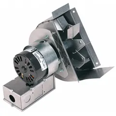 Pipe-mount draft inducer for oil-fired furnaces, boilers, and water heaters. Operates on 115V AC at 0.43 A and 60 Hz. Fits 3 in to 6 in pipe, delivers 0.267 cfm @ 0.0 in SP. Includes pressure sensing tube, steel wheel, cETLus Listed.