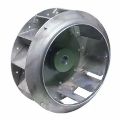 Backward-inclined blower wheel with 24 1/2 in diameter and 9 7/16 in width. Features CW Hub End rotation and aluminum construction with center design. Used in HVAC and air-handling systems for efficient air movement against static pressure.