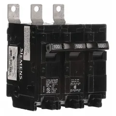 Three-pole miniature circuit breaker rated 100 A at 240V AC, three-phase, with a maximum AIR rating of 65kA at 240V AC. This Std-type, BL Series bolt-on breaker is designed for use with Siemens P1 panelboards. Provides overcurrent protection in electrical distribution systems.