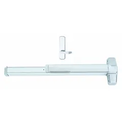Rim-type exit device with touchbar style, chrome finish, and dummy pull outside trim. ADA compliant. Suitable for commercial doors requiring push-pad operation for safe egress.