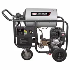 Hot water pressure washer on a cart delivering 4,000 psi at 4 gpm with a 420 cc engine displacement. Powered by diesel and equipped with a CRX pump. Used for heavy-duty cleaning tasks such as removing grease, oil, and grime from equipment, machinery, and surfaces in industrial environments.
