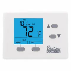 Square push-button thermostat for heat and cool applications. Features manual changeover, 1H/1C stages, and 5-2 day programming capability. Temperature control range 40° to 90°F. Terminal designation O. Suitable for residential or light commercial HVAC systems.
