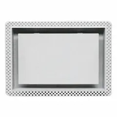 Sidewall or ceiling register with a decorative white plastic grille. Measures 5 3/4 inches in height and 11 3/4 inches in width. Features non-adjustable blades for one-way airflow direction. Uncoated finish suitable for HVAC supply or return applications in residential or commercial spaces.