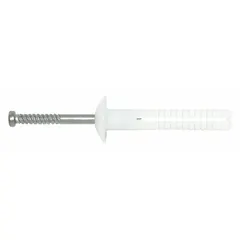 Nylon removable nail drive anchors with mushroom head, plain finish, and 1-1/2 in overall length. Supplied in a 100-pack. Used for fastening fixtures, conduit, and equipment to concrete, block, or brick in electrical, plumbing, and general construction applications.
