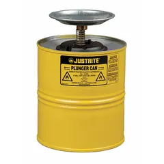 This 1-gallon plunger can is constructed from powder coated steel in yellow. It features a self-closing lid and a perforated metal fire arrestor to prevent flashback ignition, suitable for dispensing flammable liquids in industrial environments.