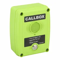 This RITRON call box operates on the VHF MURS band, requiring no license. It supports one radio channel and includes mounting brackets. Typical applications include warehouses, factories, and job sites where license-free voice communication is needed.