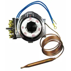 Electric thermostat with a 60 to 250 dial, 60-inch capillary, and temperature range of 60°F to 250°F. Operates on 120V AC/277V AC input voltage. Suitable for use in commercial cooking equipment such as ovens, fryers, and griddles.