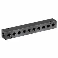 Rectangular aluminum block manifold with NPT x NPT connections. Main port is 3/8 in NPT, branch port is 1/8 in NPT. Used to distribute compressed air or hydraulic fluid from a single supply to multiple branch lines in pneumatic and fluid power systems