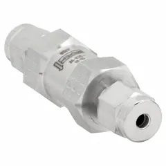 Stainless steel poppet check valve with inline valve body and compression fittings. Prevents backflow in fluid and gas media systems. Used in process instrumentation, chemical injection, and analytical sampling applications.