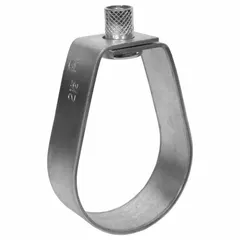 This pre-galvanized steel loop hanger supports horizontal pipe runs by suspending them from threaded rod. Designed for 3 in pipe and 3/8 in threaded rod, it provides a non-cushioned, corrosion-resistant solution for industrial plumbing and mechanical systems.