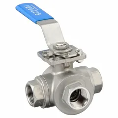 Three-way ball valve with L flow pattern for diverting or mixing flow in piping systems. Constructed of CF8M stainless steel with 3/4 in FNPT x FNPT x FNPT connections and a locking lever handle.