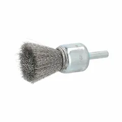 Crimped stainless steel end brush for light cleaning, surface preparation, and finishing on stainless steel. Removes oxidation, light burrs, and contaminants without cross-contamination. Suitable for weld cleaning and deburring in metal fabrication and maintenance. Diameter: 1 in, fill diameter: 0.006 in, shank: 1/4 in.
