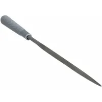 Triangular needle file with a length of 6-1/4 in, width of 1/4 in, and thickness of 5/32 in. Includes a handle. Used for precision filing in tight spaces, such as sharpening saw teeth, deburring small holes, and finishing internal corners in metalworking and toolmaking