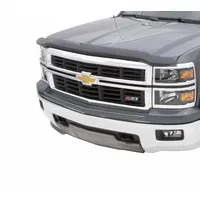 Front-mounted acrylic hood protector for 2014-2015 Chevy Silverado 1500. Black smooth finish, 4 3/4 in wide, 0.1 in thick. Shields hood from stone chips, bugs, and road debris