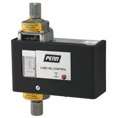 Mechanical lube oil pressure control with 90-second delay and alarm circuit. Monitors oil pressure in ammonia refrigeration systems. Requires 240V AC input. Suitable for use with Ranco compressors.