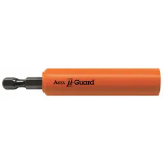 Power tool bit holder with hex drive, compatible with 1/4 in hex-shank bits. Non-marring design protects work surfaces during assembly and finishing tasks. Nonmagnetic, not impact rated.
