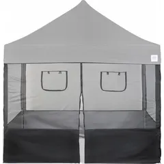 Black mesh sidewall for temporary canopies, 120 inches wide by 120 inches tall. Includes two mesh sidewalls with truss clips for attachment to canopy frames. Provides ventilation and visibility while offering protection from sun and wind at outdoor events, food fairs, and markets.