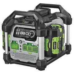 Portable power station delivering 2000 W continuous and 3000 W surge power through three AC receptacles. Supports up to two EGO batteries for job site, camping, or emergency backup power.