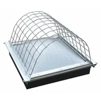 This domed surface-mount skylight guard is designed for steel skylights measuring 6 3/8 ft in length and 3 ft in width. It features a galvanized steel construction with included frame members and a clamp-on mounting type. Used to prevent falls through skylights in industrial roof applications
