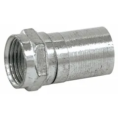 Male F-Type connector with nickel-plated silver finish, designed for crimp-on termination of RG-59 coaxial cable. Suitable for video, CCTV, and broadband signal connections. Supplied in a 10-pack.