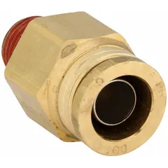 Brass push-to-connect adapter fitting with 3/8 in OD tube connection and 1/8 in male NPT pipe thread. Features Vibra-Seal thread sealant pre-applied for vibration resistance. Suitable for pneumatic systems, air brake lines, and industrial fluid power applications requiring secure, leak-free joints.