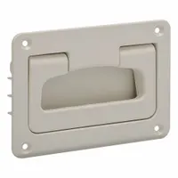 This white plastic folding pull handle is designed for recessed mounting on equipment access points. It features a 167 mm mounting hole center-to-center distance and accepts M5 screws. The handle folds flush when not in use, providing a clean appearance and unobtrusive grip for machinery doors, panels, and enclosures