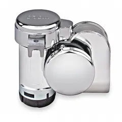 This WOLO air horn is a high-tone, air-powered horn designed for use on passenger vehicles. It features a chrome-plated silver finish and operates on 12V DC. The horn delivers a maximum sound level of 124 dB and includes mounting hardware for installation.