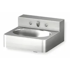 This wall-mounted institutional bathroom sink is constructed of stainless steel with a silver finish. It features an oval bowl measuring 14 3/4 inches in length and 4 1/2 inches in depth. The sink is ADA compliant and includes a dual metering handle faucet operation. Suitable for commercial restrooms and public spaces requiring accessible fixtures.