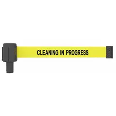 Replacement belt cassette for retractable crowd-control systems. Features a 15 ft retractable belt with 2 1/2 in width and 42 in overall height. Yellow housing with 'Cleaning in Progress' message. Used to cordon off areas in industrial and public facilities.
