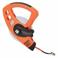 Manual open-reel tape measure with a 165 ft fiberglass blade, single-sided SAE scale graduated in 1/8 in increments. Features a nonmagnetic single hook tip and a plastic case. Suitable for measuring long distances in construction, surveying, and utility layout where magnetic interference must be avoided
