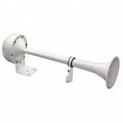 Electric-powered horn operating on 12V DC, producing a high tone with a maximum sound level of 115 dB. Features a white painted finish and includes stainless steel mounting hardware. Designed for use on boats.