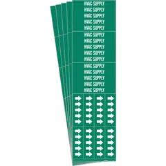 Green adhesive pipe marker with white 'HVAC Supply' legend and directional arrows. Designed for pipes with outer diameter of 3/4 inch and smaller. Each pack contains 3 markers, sold in a 5-pack. Used to identify HVAC supply lines in commercial and industrial facilities.