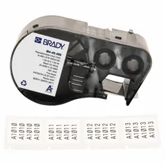 Vinyl, black-on-white precut label cartridge for wrapping around wires from 8 AWG to 16 AWG. Measures 1 in x 1 in. Designed for use with the BMP53 printer series and R6200 ribbon. Suitable for durable wire and cable identification in industrial settings.