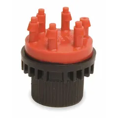 This plastic drip emitter in red features six outlets for distributing water to multiple points in a drip irrigation system. It is compatible with 1/4 in distribution tubing (XQ) and is used for low-flow watering applications such as gardens and landscapes.