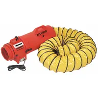 This axial blower and ducting combination unit is designed for ventilating confined spaces such as tanks, vaults, and manholes. It supplies fresh air or exhausts fumes to maintain safe working conditions. Features include an 8 in duct diameter, 1/3 hp motor, 4.4 A current draw, and dual voltage operation (120/240 V AC). The unit includes a steel powder coated grill and is finished in orange