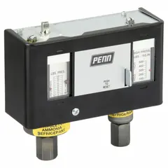 Dual pressure control with SPST switching for monitoring low-side and high-side refrigerant pressures. Low-side range 20 in Hg to 100 psi, high-side range 100 psi to 500 psi. Housed in a NEMA 1 enclosure. Used in commercial refrigeration and HVAC systems to protect compressors by opening or closing the switch when pressures exceed set points.