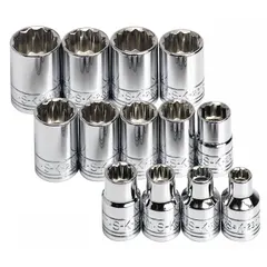 This 13-piece socket set includes metric 12-point sockets from 7 mm to 19 mm with a 3/8 in drive. Features a friction ball retainer for secure socket retention. Suitable for tightening and loosening metric fasteners in automotive repair, machinery maintenance, and industrial assembly.