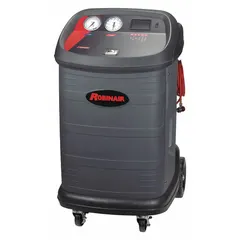 This heavy-duty AC recovery and recycling machine is designed for R-134a refrigerant in gas vehicles. It features a 50 lb external tank capacity, color graphical display, and UV dye injection for leak detection. Compliant with SAE J2788 standards.