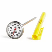 Analog dial thermometer with a 1 in dial and 5 1/2 in overall length. Stainless steel case with shatter-resistant lens. Accuracy ±5 °F. NSF certified and metal detectable. Suitable for monitoring temperatures in high heat cooking applications