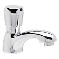 Single-post push-button metering bathroom faucet with low arc design. Constructed of brass with chrome finish. Features spray outlet and 1 gpm flow rate. Includes mounting hardware. Suitable for commercial restroom sinks and lavatories