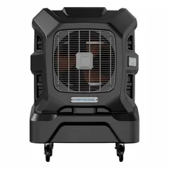 This portable evaporative cooler operates on 120V AC with a 5-15P plug and measures 58 in x 42 in x 26 in. It features variable-speed control for adjustable airflow. Suitable for cooling large indoor or outdoor spaces such as warehouses, workshops, and event areas.