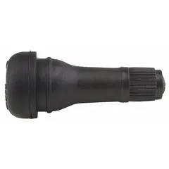 Snap-in straight tire valve stem for maintaining air pressure in tubeless tires. Constructed of black rubber with a 180° valve stem angle and 8V1 thread size. Suitable for industrial vehicles and equipment in material handling, construction, and agricultural applications.