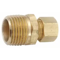 This low-lead brass compression fitting connects 1/4 in OD tubing to 3/8 in pipe threads. It provides a leak-resistant seal for low-pressure fluid or gas lines in industrial plumbing, instrumentation, HVAC, and process control systems
