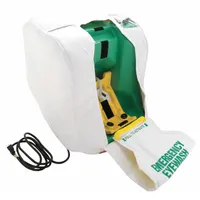 This heated gravity-fed portable eyewash station provides emergency eye irrigation in locations without plumbed water. It has a 16-gallon capacity, operates on 120 V AC with a plug-in connection, and includes a heating jacket to prevent freezing. The unit uses bottle refills and meets ANSI Z358.1 standards. Water preservative and media are sold separately