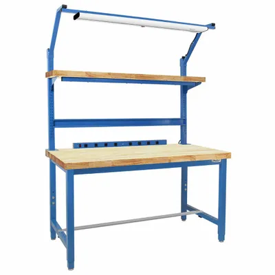 BENCHPRO Workbenches: Adj Ht, Maple, 60 in x 30 in, 6,600 lb Overall Load Capacity - Workstations with Power, Storage & Overhead Lighting