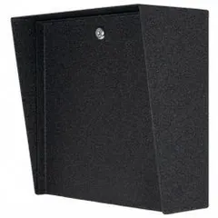 Black powder-coated carbon steel cover housing for gate operator access control devices. Designed to protect and house intercoms in outdoor environments. Features a cam lock for security. Overall height 12 inches, dimensions 6 inches by 12 inches.