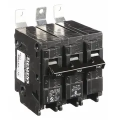 Three-pole miniature circuit breaker rated 100 A at 240V AC, standard type, with a maximum AIR rating of 10kA at 240V AC. Designed for bolt-on mounting in Siemens P1 panelboards. Suitable for overload and short-circuit protection in commercial and industrial electrical distribution systems.