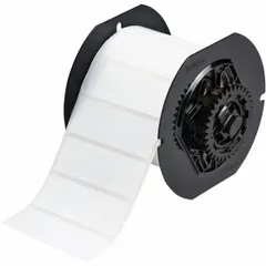 This precut label roll measures 1 inch by 3 inches and is made of white gloss polyester with a permanent adhesive. It is designed for use with the Brady i3300 printer series. Typical applications include asset tagging, cable marking, and safety labeling in industrial environments.
