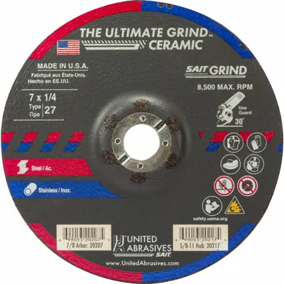 UNITED ABRASIVES-SAIT 7" x 1/4" x 7/8" Type 27 Ceramic Grinding Wheel - Cool-Cutting Grinding Wheels for Carbon & Stainless Steel